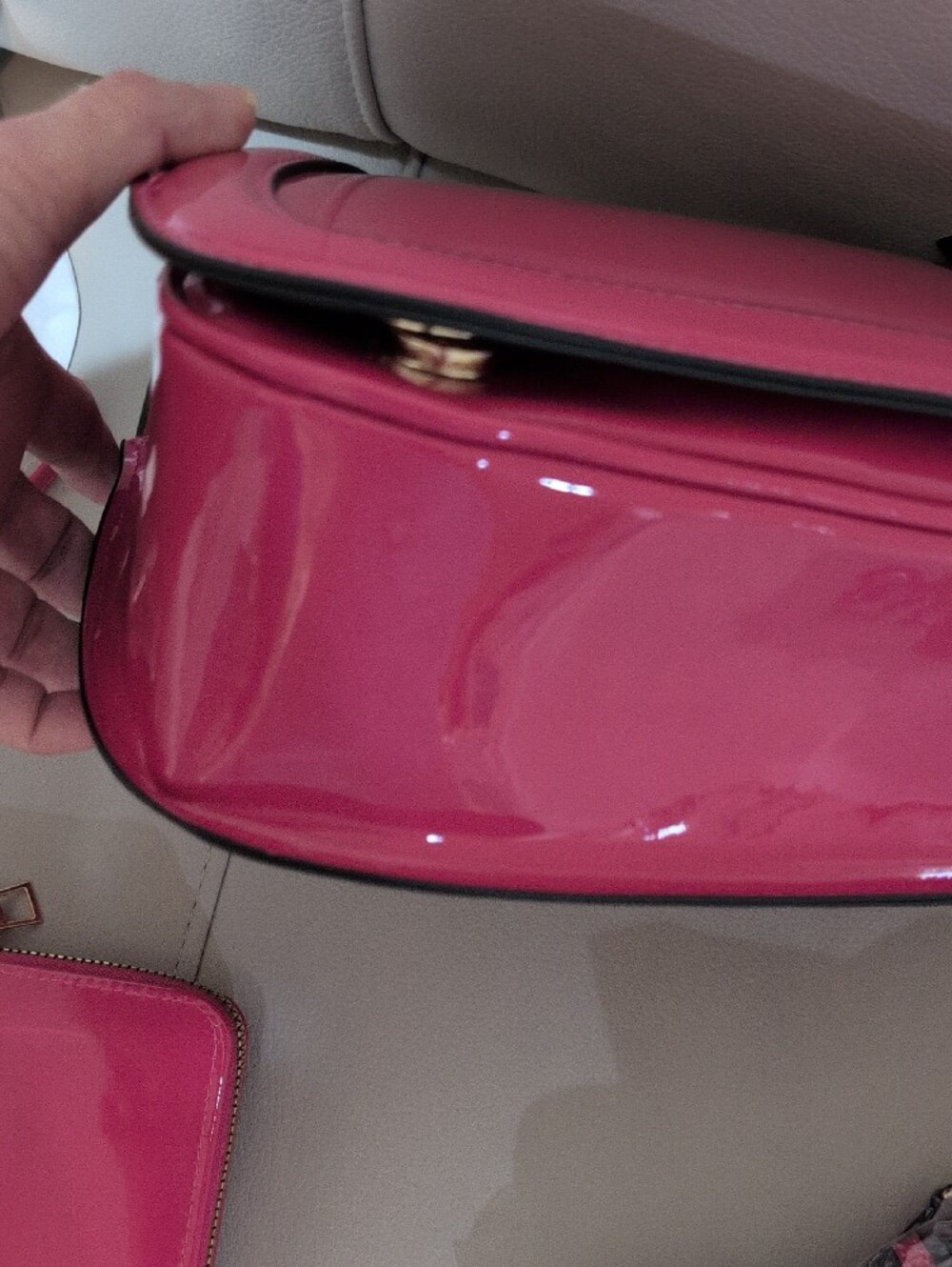 Hot Pink Patent Leather Top-Handle Bag with Wristlet And Crossbody Strap - Picture 3 of 16